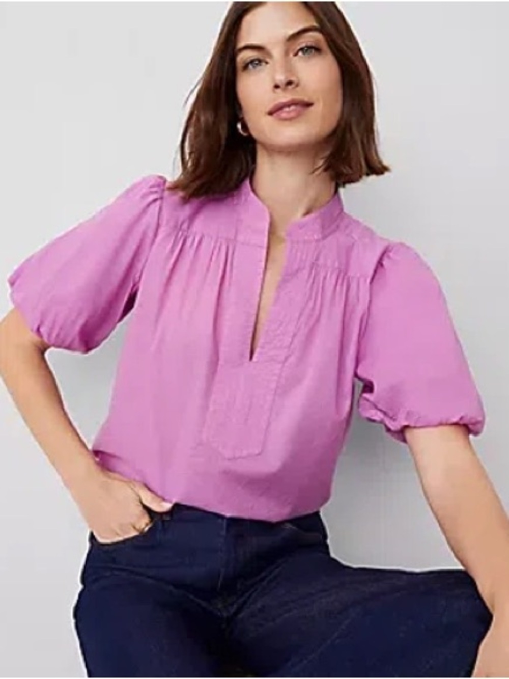 Ann Taylor Puff Sleeve Popover Top – Orchid Glow – Size S – NWT
